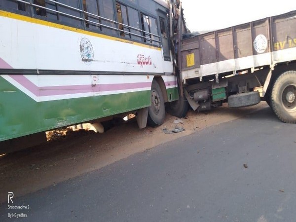 A TSTRC bus collided with a truck in Nalgonda on Wednesday. Photo/ANI
