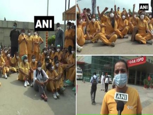 Nurses the management is forcing them to work in two-shift amid the COVID-19 outbreak. Photo/ANI