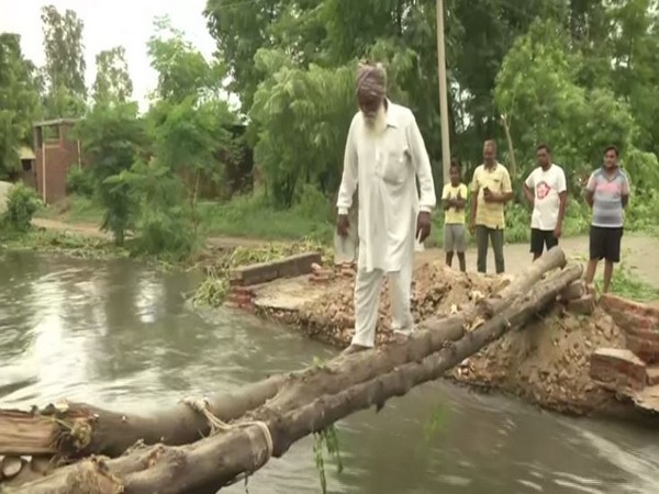 Villagers in Koom Khurd cross the overflowing drain with help of wooden logs. Photo/ANI