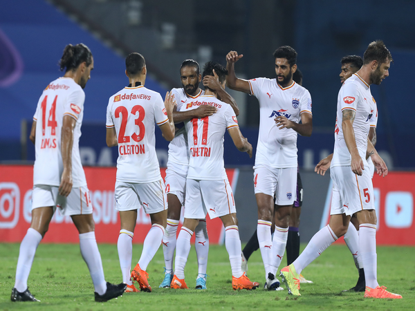 BFC teammates celebrate after Sunil Chettri scored the opening goal against OFC during ISL 7 match at the Bambolim Stadium on Thursday. (Photo/ ISL)