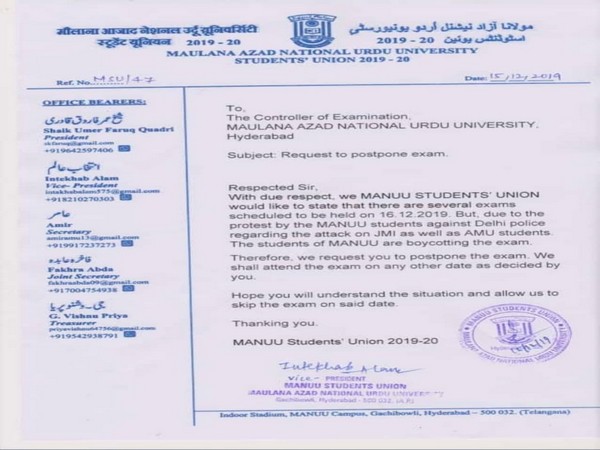 The students' union at MANUU wrote to the Controller of Examination to inform that the students were boycotting the exams on Monday as part of the protest.
