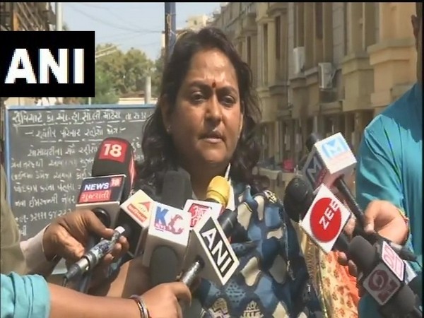 Ahmedabad Mayor Bijal Patel talking to reporters on Thursday.