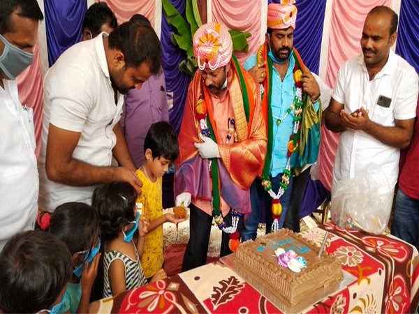 BJP MLA from Turuvekere constituency, M Jayaram celebrating his birthday on Friday in Gubbi taluk in the Tumkur district, Karnataka, despite the nationwide COVID-19 lockdown. 