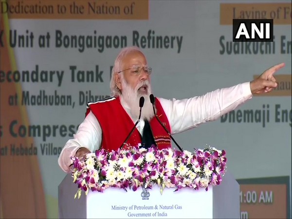 Prime Minister Narendra Modi speaking at the launch of various projects in Assam's Dhemaji on Sunday.