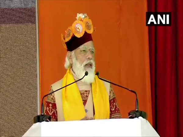 PM Narendra Modi speaking at the public rally in Lahaul on Saturday. Photo/ANI