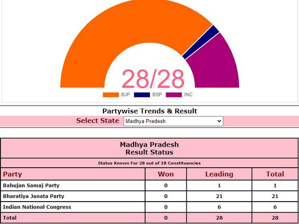 BJP ahead on 21 seats, Congress on 6 in Madhya Pradesh. Photo/ECI