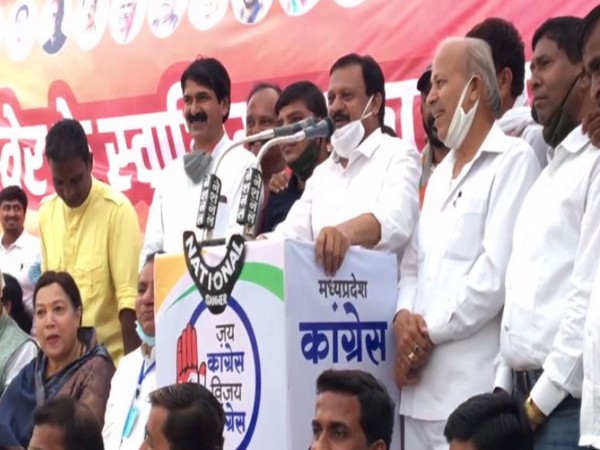 Congress leader Sajjan Singh Verma addressing a public meeting in Indore on Thursday. [Photo/ANI]