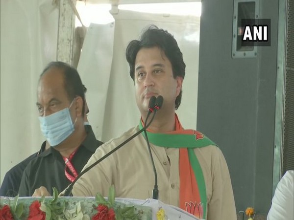 BJP leader Jyotiraditya Scindia speaking in an event in Madhya Pradesh on Saturday. Photo/ANI
