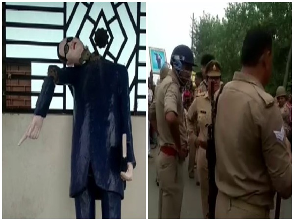 Ambedkar statue was decapitated in Ghunna village by miscreants overnmight (L), police are on the spot to control the situation (R). Photo/ANI