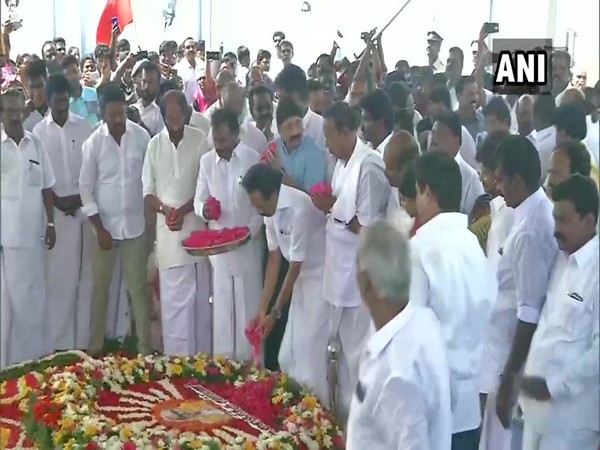 DMK leaders pay tribute to M Karunanidhi in Chennai on Saturday