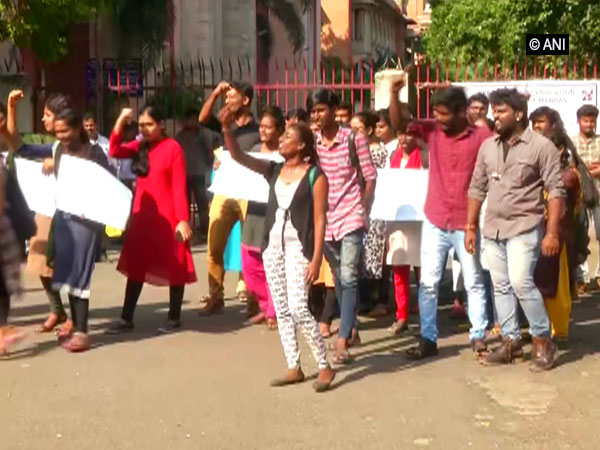 Madras University students protesting in support of Jamia University students on Monday.