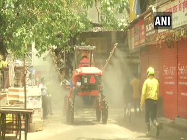 An advanced level ariel mist blowing machine named 'Protector 600' during a disinfection drive in Mumbai's Dharavi on Sunday. 