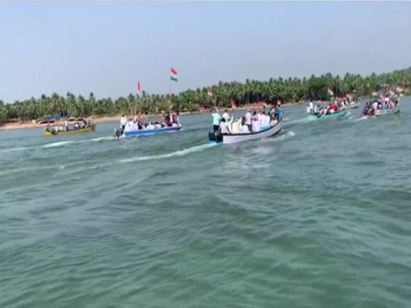 Visuals of protesters on boats in Karnataka. 