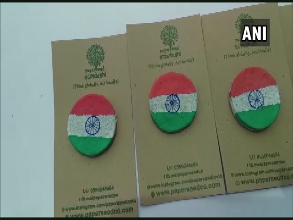 Environment-friendly badges created by Mangaluru based man ahead of Independence day. (Photo/ANI)