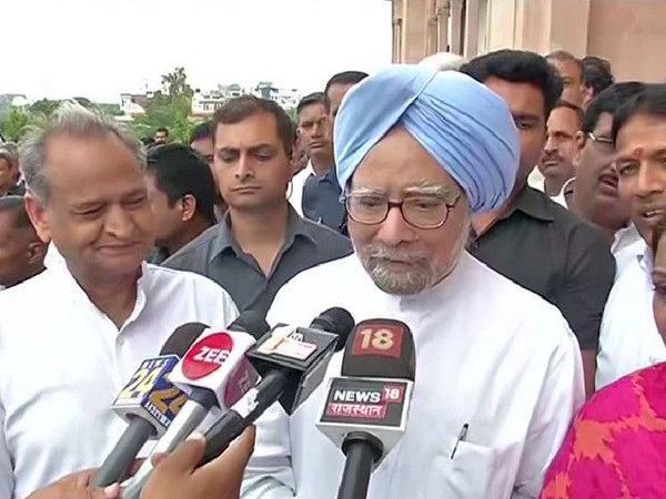 Former Prime Minister Manmohan Singh speaking to reporters in Jaipur on Tuesday. Photo/ANI