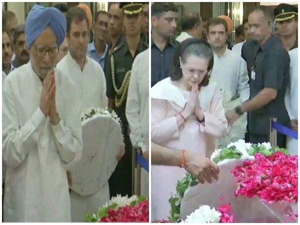 Former Prime Minister Dr Manmohan Singh, Congress interim president Sonia Gandhi and Rahul Gandhi paying tributes to former Finance Minister Arun Jaitley in New Delhi on Saturday. Photo/ANI