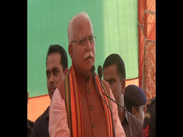 Haryana Chief Minister Manohar Lal Khattar addressing an election rally at Kharkhoda on Sunday. Photo/ANI