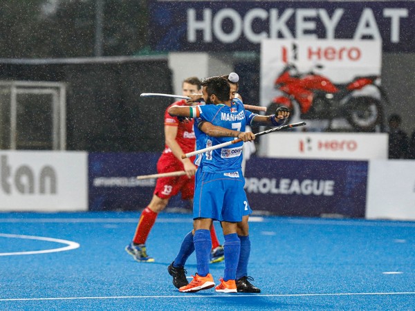 Manpreet Singh celebrating a goal with a teammate. (Photo/Hockey India Twitter) 