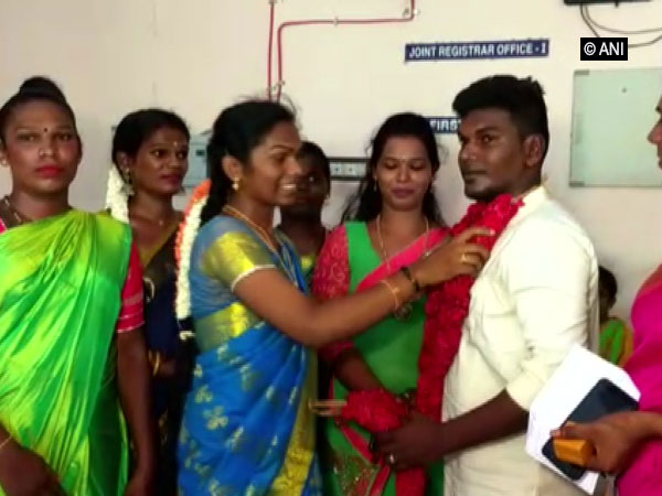 The married couple at the district registar's office in Thoothukudi on Monday. Photo/ANI