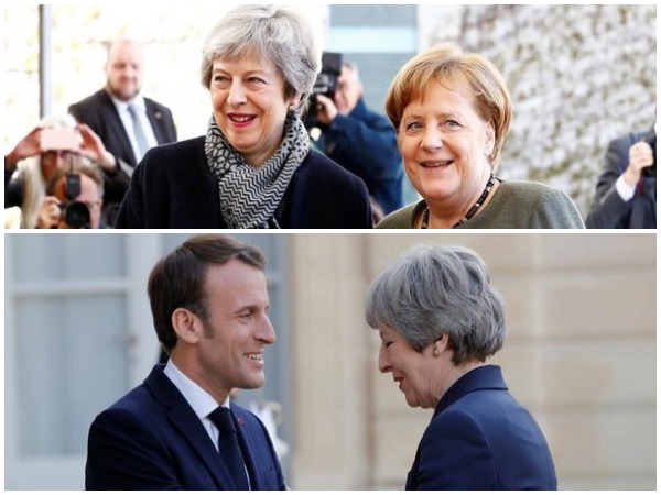 British Prime Minister Theresa May with German Chancellor Angela Merkel and Emmanuel Macron in Berlin and Paris respectively on Tuesday.