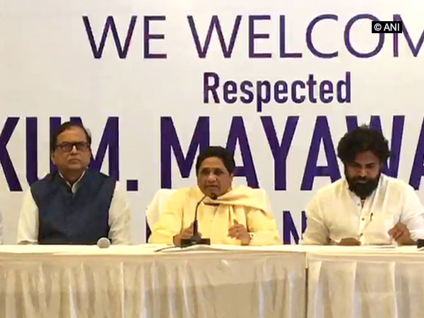 Mayawati's joint press conference with Pawan Kalyan. Photo/ANI