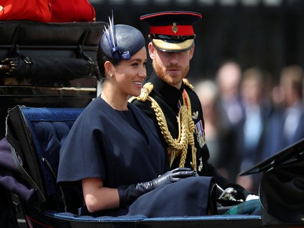 Britain's Prince Harry and Meghan, Duchess of Sussex taking part in the Trooping the Colour parade in central London on Saturday.  