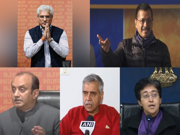 BJP candidate  Kailash Gahlot, AAP national convenor Arvind Kejriwal, Delhi CM Atishi,  Congress leader Sandeep Dikshit and BJP spokesperson Sudhanshu Trivedi (Photo/ANI)