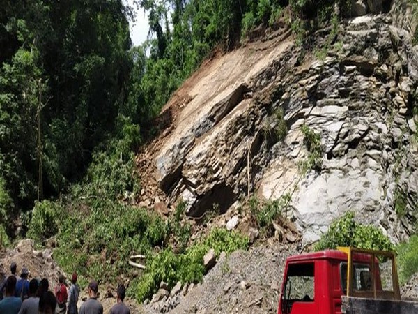 A visual of landslide at a quarry on Hlimen Samtland Road in Aizawl on Monday. (Photo/ANI)