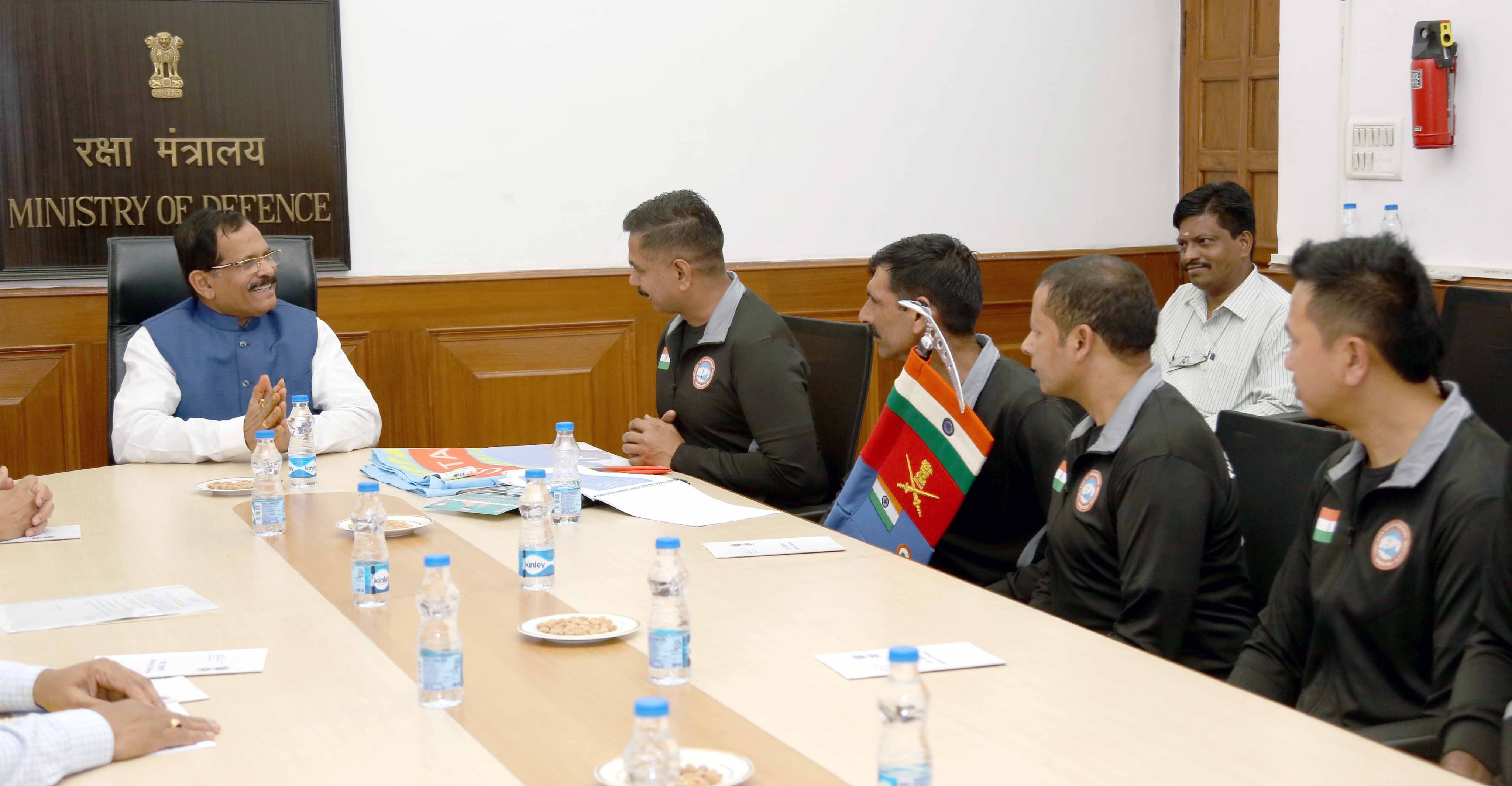 Union Minister of State for Defence Shripad Yesso Naik meets team of mountaineers on Tuesday. (Picture courtesy: Defence Ministry Twitter)