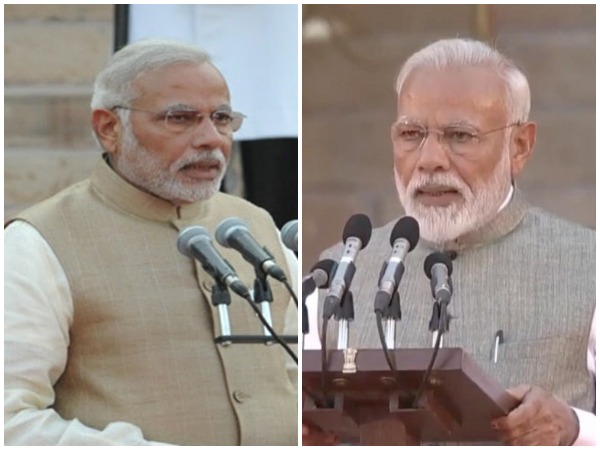Narendra Modi taking oath as Prime Minister in 2014 (L) and in 2019 (R)