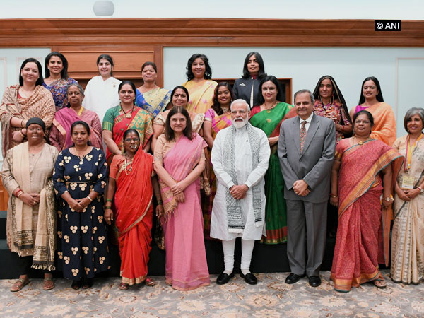 Prime Minister Narendra Modi with the awardees of Nari Shakti Puraskar on Saturday.