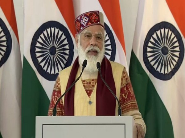PM Narendra Modi speaking at the event in Manali on Saturday. Photo/ANI