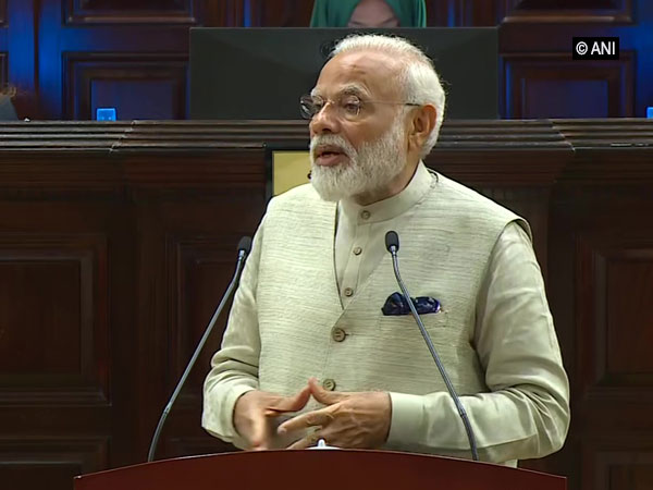 Prime Minister Narendra Modi addressing the Maldives' Parliament on Saturday. Photo/ANI