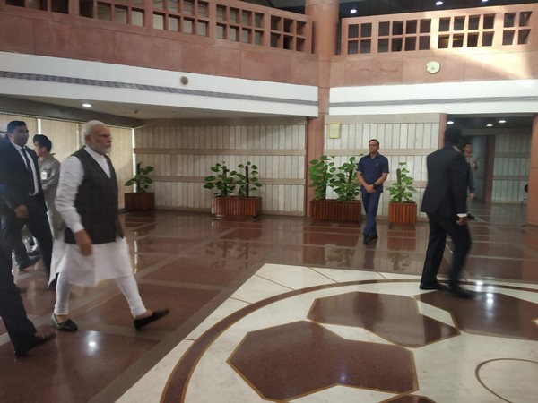 Prime Minister Narendra Modi at the Parliament premises on Tuesday. Photo/ANI