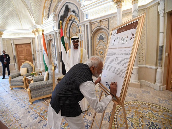 Commemorative stamp of Mahatma Gandhi released by India, UAE in Abu Dhabi on Saturday (Photo Credits: PMO Twitter)