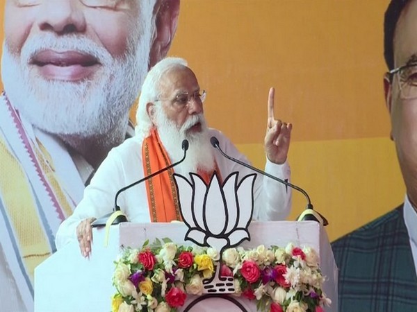 Prime Minister Narendra Modi adressing an election rally in Puducherry on Tuesday. Photo/ANI