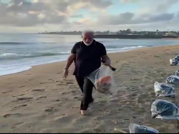 PM Narendra Modi plogging at a beach in Mamallapuram on Saturday. Photo/Twitter