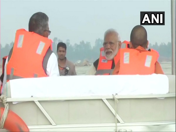 Prime Minister Narendra Modi while taking boat ride in river Ganga at Atal Ghat, Kanpur, on Saturday. Photo/ANI