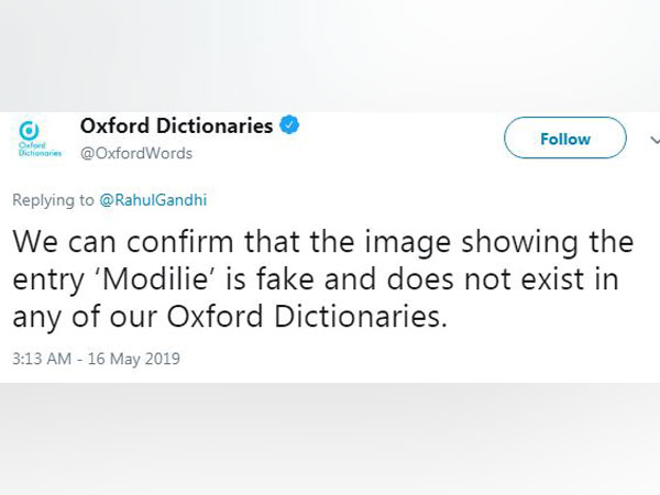 Oxford Dictionaries' reply to Congress president Rahul Gandhi on 'Modilie'.
