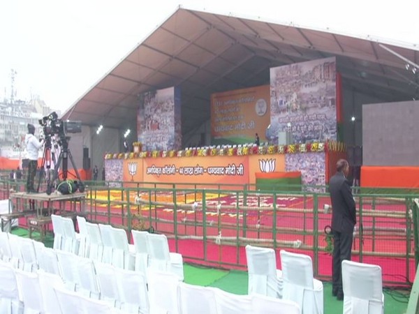 Visual of the stage set up for PM Narendra Modi's rally at Ramlila Maidan in New Delhi on Sunday. Photo/ANI