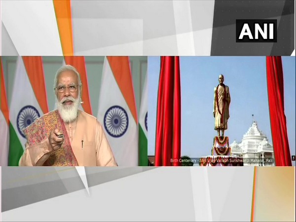 Prime Minister Narendra Modi on Monday unveiled the 'Statue of Peace' in Pali, Rajasthan to mark the 151st Jayanti celebrations of Jainacharya Shree Vijay Vallabh Surishwer Ji Maharaj. Photo/ANI