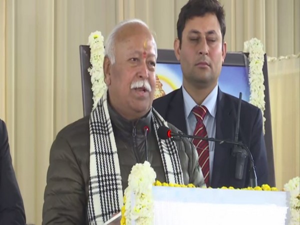RSS chief Mohan Bhagwat addressing a gathering in New Delhi on Tuesday. Photo/ANI