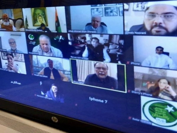 Major political leaders during the virtual meeting to elect the chief for Pakistan Democratic Movement. (Credit: Mohsin Dawar Twitter)
