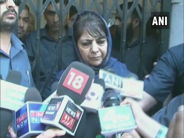 PDP chief Mehbooba Mufti speaking to reporters in Ganderbal on Saturday.