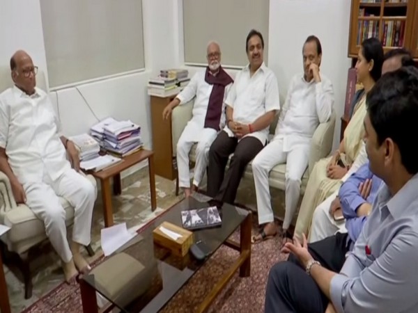 Senior NCP leaders hold a meeting at party chief Sharad Pawar's residence on Saturday to discuss farmers' plight after unseasoned rains affect crops. Photo/ANI