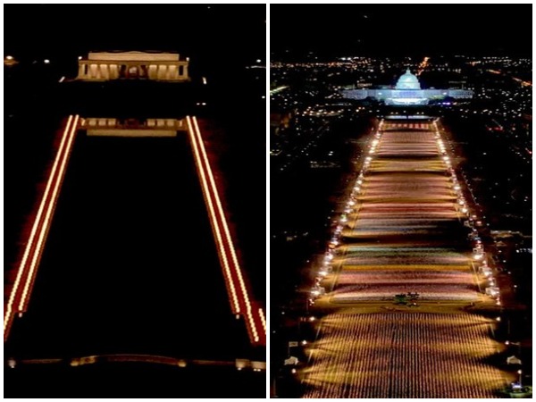 National Mall illuminated with pillars of light and 