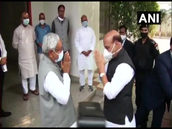 Janata Dal (United) chief Nitish Kumar and Defence Minister Rajnath Singh at the NDA's legislature party meeting on Sunday. [Photo/ANI]