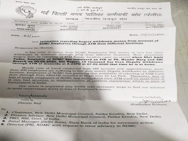 Letter written by NDMC Employees Association to the management on Friday. Photo/ANI