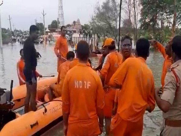 NDRF personnel rescuing people affected in floods in Chevitikallu village. (ANI) 
