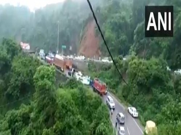 Shimla-Mataur National Highway blocked in Kangra on Monday. (Photo/ANI)